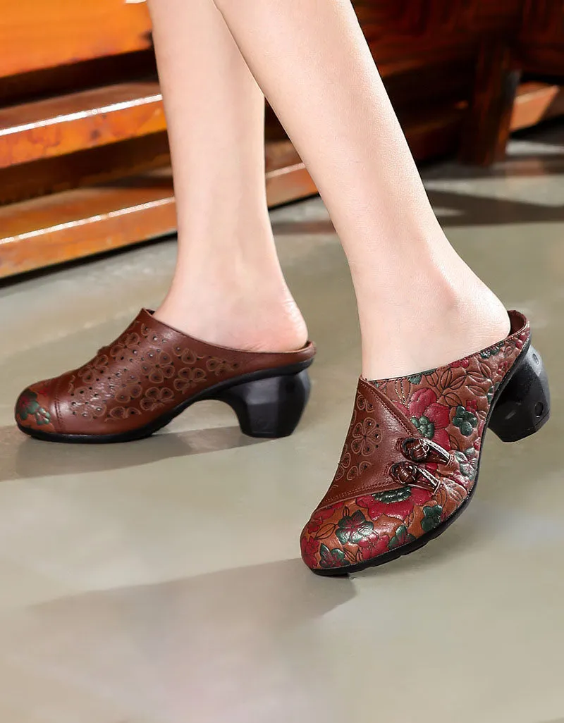 Double Bucks front Leather Printed Chunky Heels Slides Palm Slippers