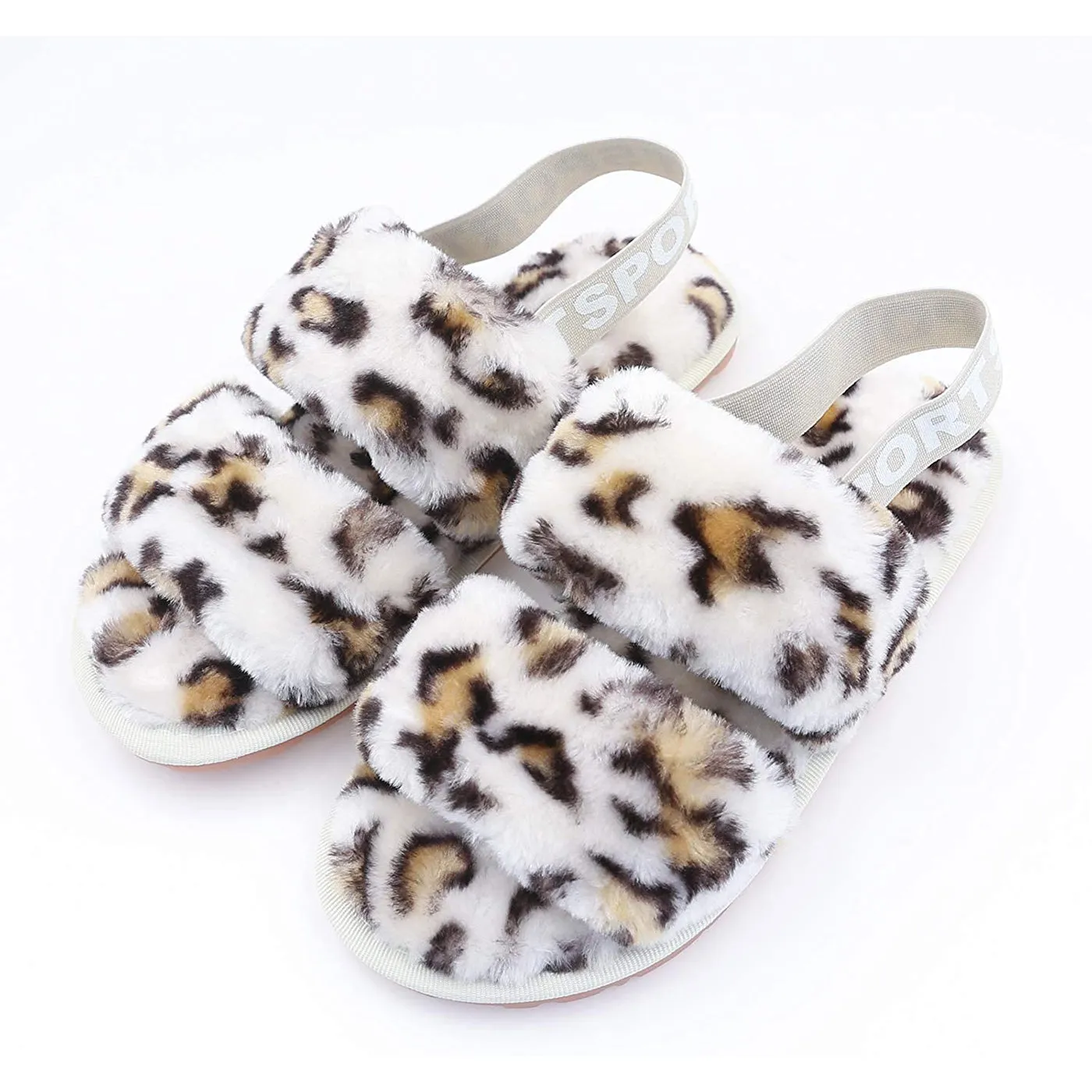 Dearborn Slippers Women's House Fuzzy Sandals Slipper(White Leopard)