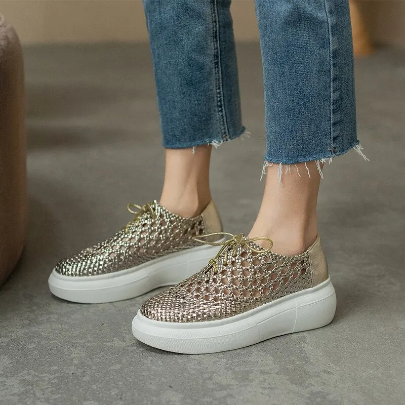 Purpdrank - New Genuine Leather Sponge Cake Women Shoes Spring/summer Hollow Breathable Flat Platform Shoes Woven Hole Handmade Shoes Woman White And Blue Flat Shoes