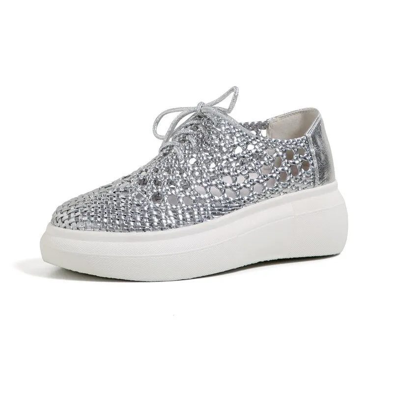 Purpdrank - New Genuine Leather Sponge Cake Women Shoes Spring/summer Hollow Breathable Flat Platform Shoes Woven Hole Handmade Shoes Woman Best Mountain Biking Shoes