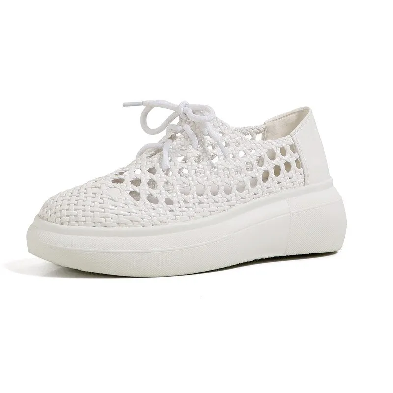 Purpdrank - New Genuine Leather Sponge Cake Women Shoes Spring/summer Hollow Breathable Flat Platform Shoes Woven Hole Handmade Shoes Woman Amal Clooney Flat Shoes