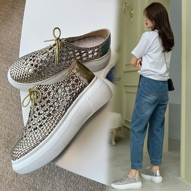 Simms Flats Shoes Purpdrank - New Genuine Leather Sponge Cake Women Shoes Spring/summer Hollow Breathable Flat Platform Shoes Woven Hole Handmade Shoes Woman