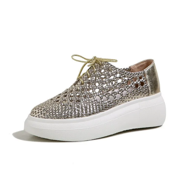 Flat Rubber Soled Shoes Purpdrank - New Genuine Leather Sponge Cake Women Shoes Spring/summer Hollow Breathable Flat Platform Shoes Woven Hole Handmade Shoes Woman