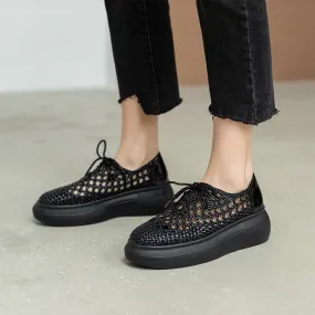 Purpdrank - New Genuine Leather Sponge Cake Women Shoes Spring/summer Hollow Breathable Flat Platform Shoes Woven Hole Handmade Shoes Woman Formal Dress With Flat Shoes