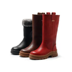 Dwarves Leather Mid Calf Boots Shearling Lined Snow Boots for Winter in Black/Red/Coffee Hiking Boots For The Snow