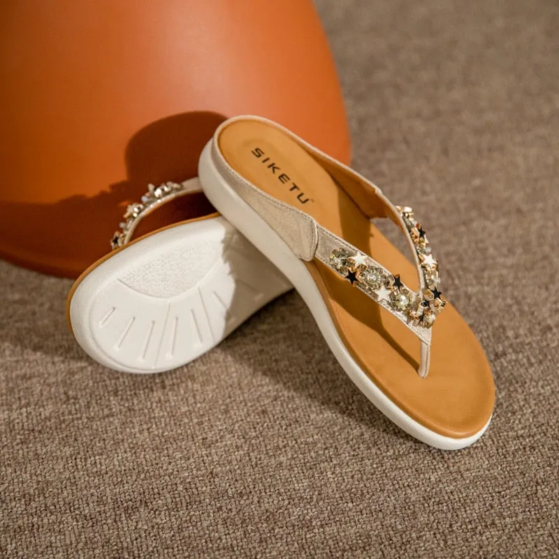 New Women's Sandals Rhinestones Casual Comfort Clip Toe Platform Fashion Light Flip Flops Wedge Beach Shoes Chanclas Mujer Hailey Bieber Asics Shoes