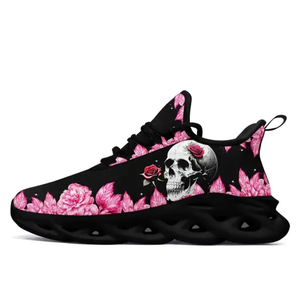 Asic Shoe Personalized Skull and Rose Floral Sneakers | Custom Gothic Blossom Sports Shoes in Black & White Styles | 2016MS-23023001