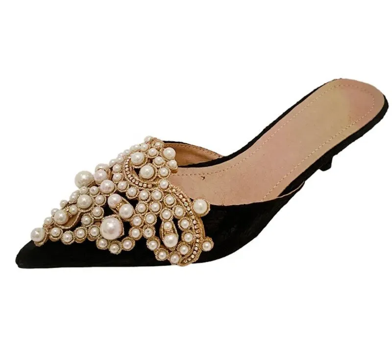 Pearl Crystal Patchwork Slip-On Thin Heel Mule Pumps Tabata Slippers