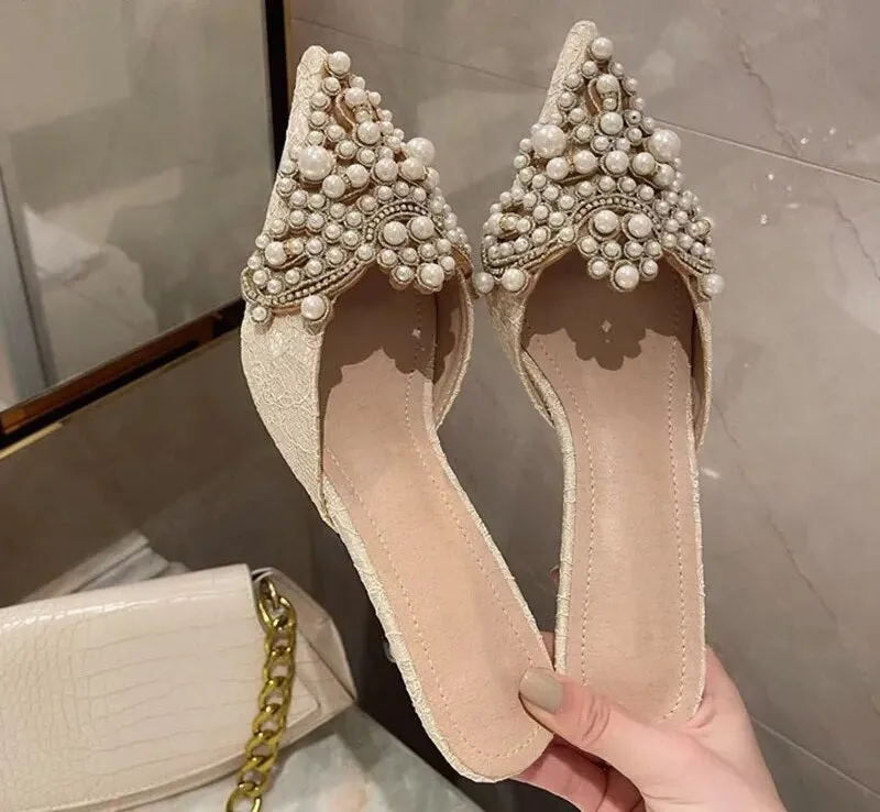 Big Fur Slippers Pearl Crystal Patchwork Slip-On Thin Heel Mule Pumps