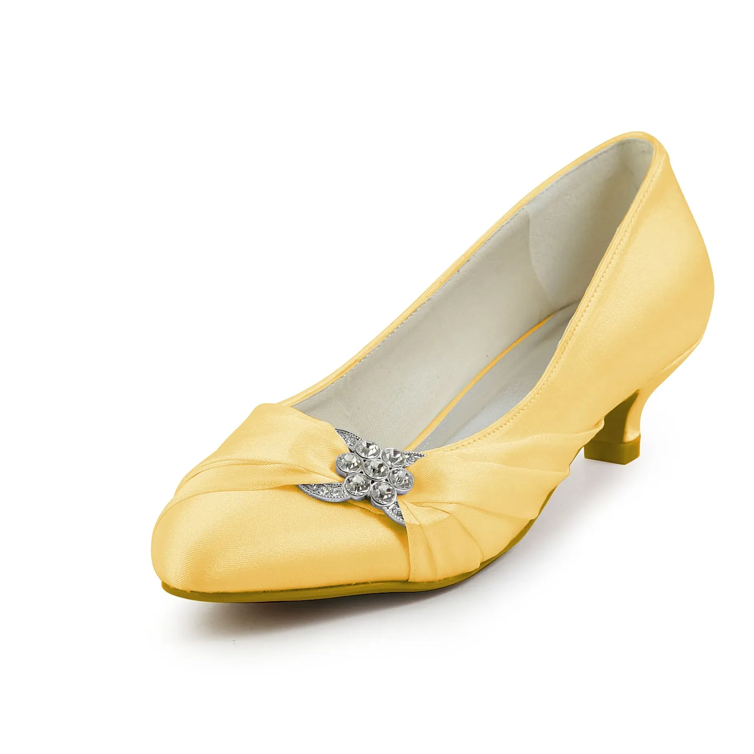 Women's Bridal Shoes Closed Toe 1.8 Low Heel Comfort Satin Pumps Crystal Wedding Shoes Baretraps Dress Shoes