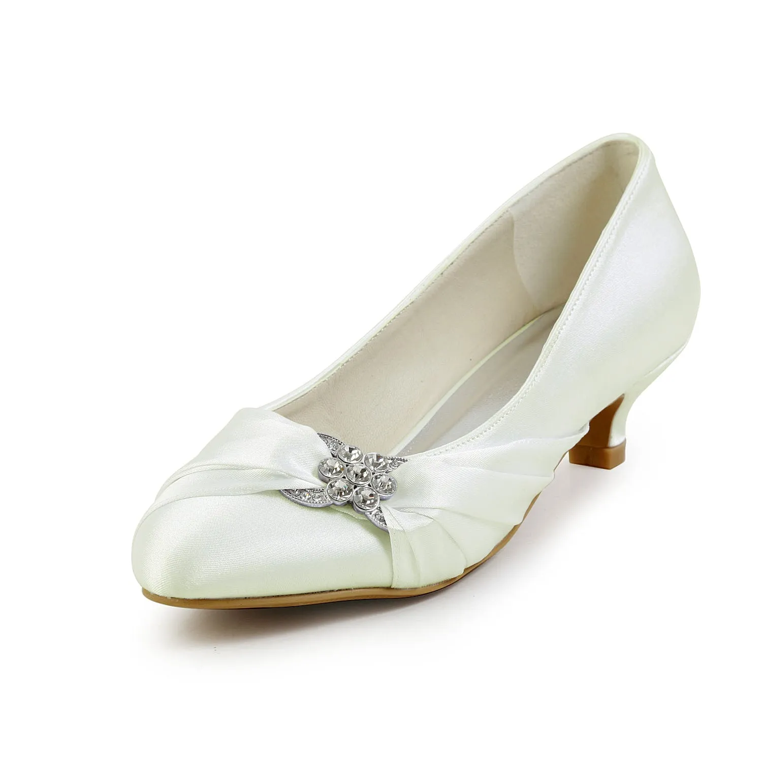 Women's Bridal Shoes Closed Toe 1.8 Low Heel Comfort Satin Pumps Crystal Wedding Shoes