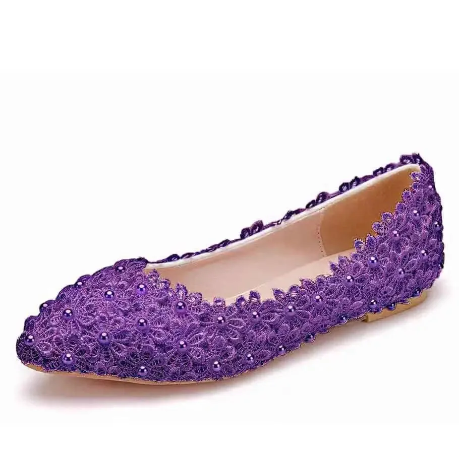 Wide Width Kitten Heel Dress Shoes White Lace Pearls Women Wedding Shoes Heel Casual