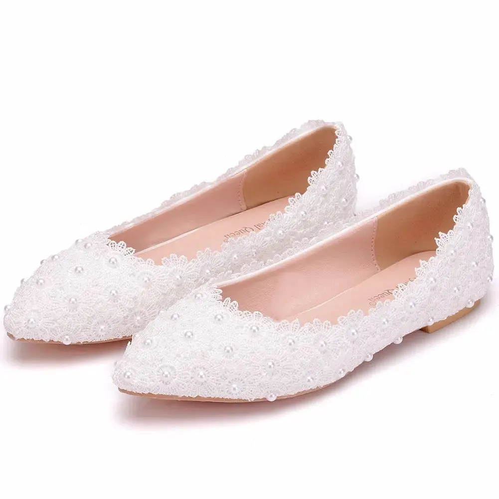 Dress Shoes You Can Wear Without Socks White Lace Pearls Women Wedding Shoes Heel Casual