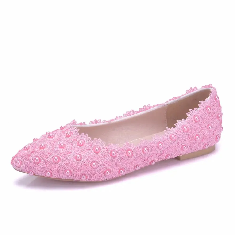 Dress Shoes Insoles White Lace Pearls Women Wedding Shoes Heel Casual