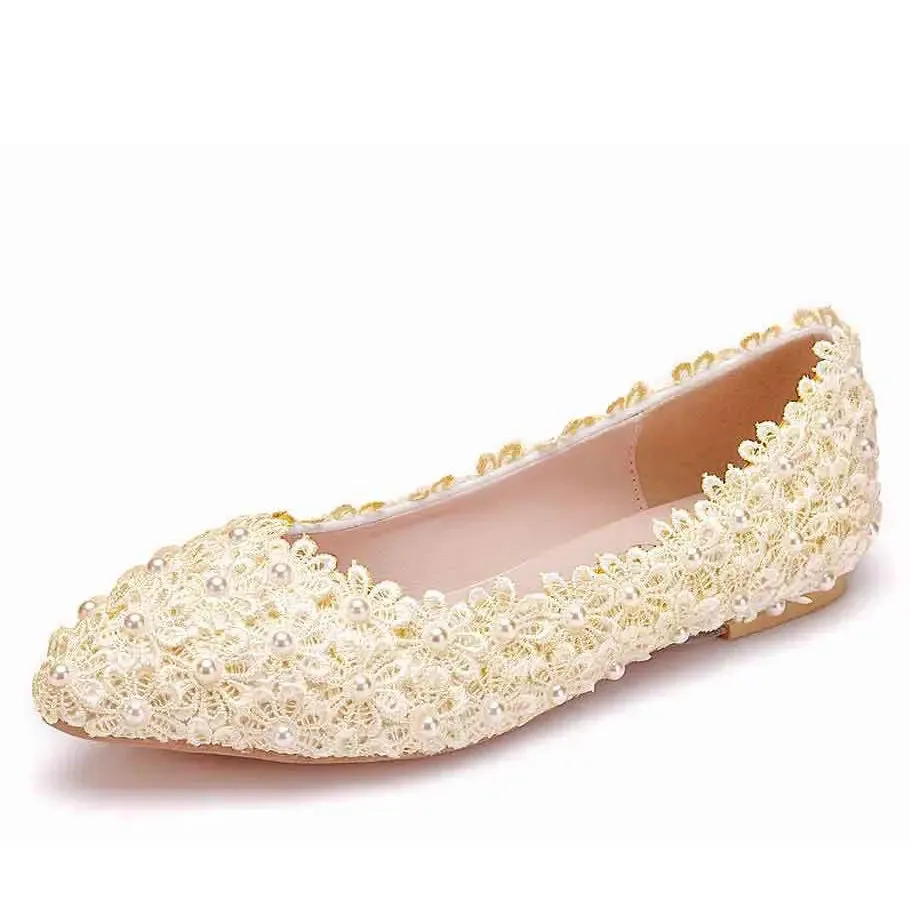 Shoe Edge Dressing White Lace Pearls Women Wedding Shoes Heel Casual