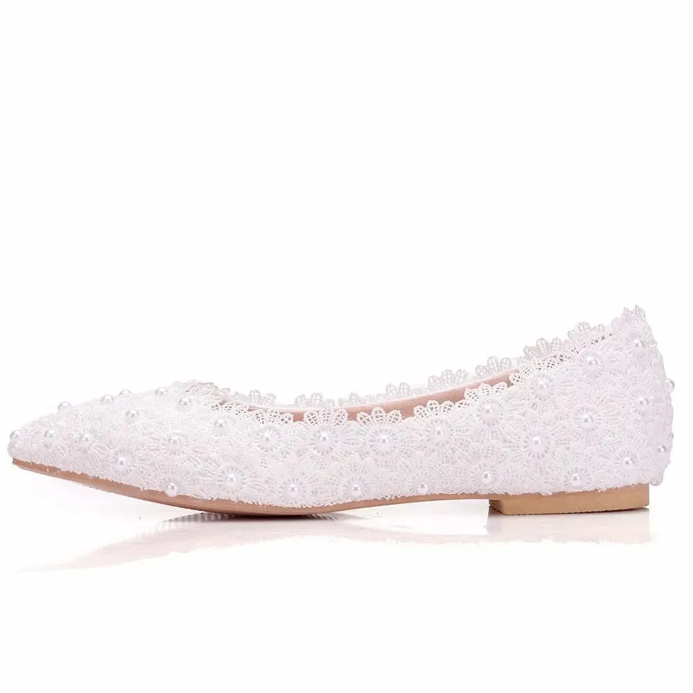 White Dress Shoe White Lace Pearls Women Wedding Shoes Heel Casual