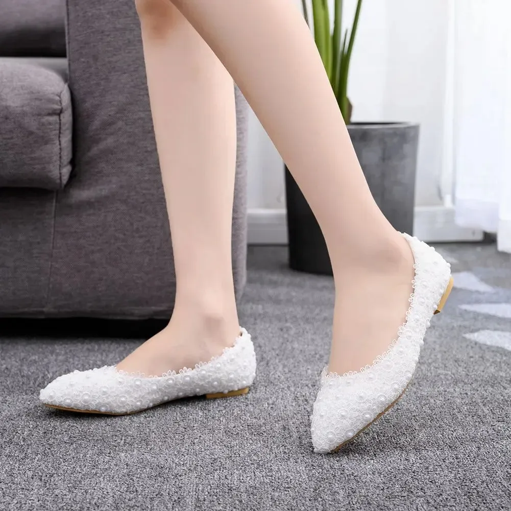 Wide Comfortable Dress Shoes White Lace Pearls Women Wedding Shoes Heel Casual