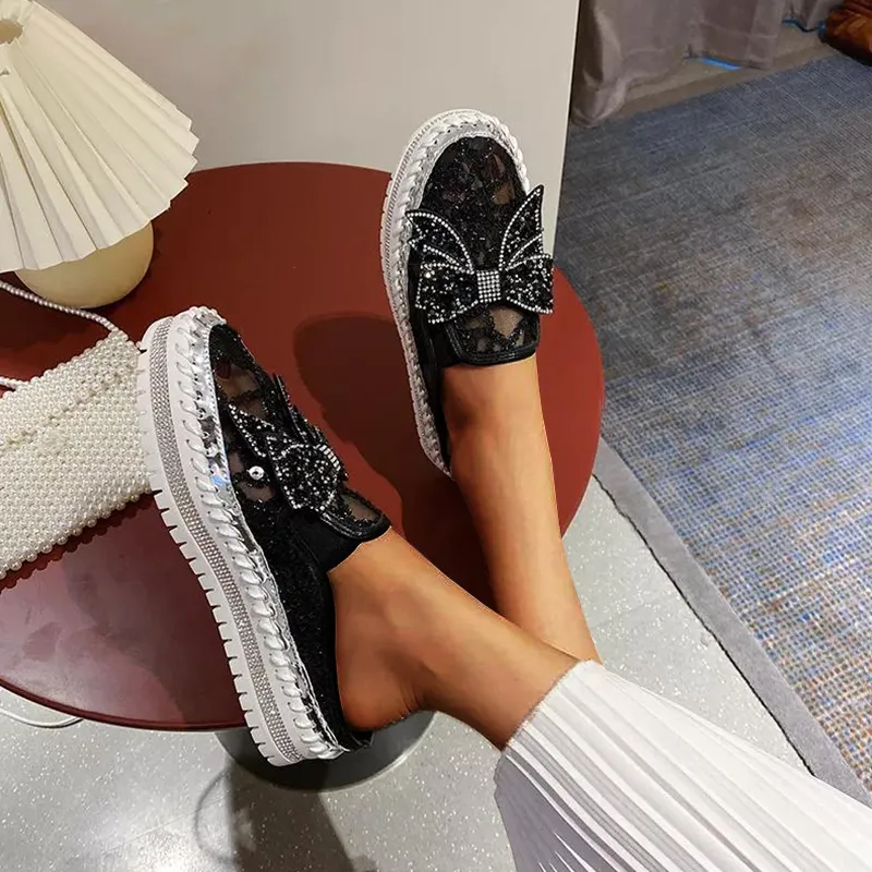 Tie Up Flat Shoes Belifi New Crystals Butterfly-knot Flat Platform Heels Half Slippers Women Bling Shoes