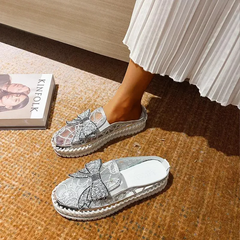 Belifi New Crystals Butterfly-knot Flat Platform Heels Half Slippers Women Bling Shoes Running Shoes Plantar Fasciitis And Flat Feet