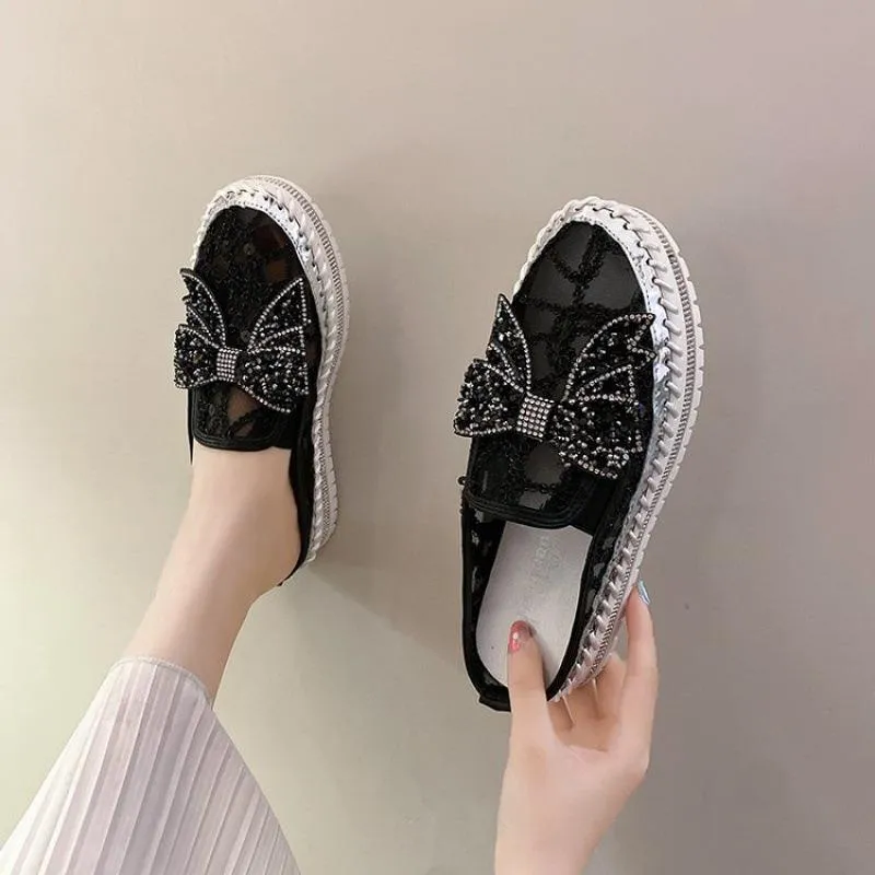 Uggs Flats Shoes Belifi New Crystals Butterfly-knot Flat Platform Heels Half Slippers Women Bling Shoes