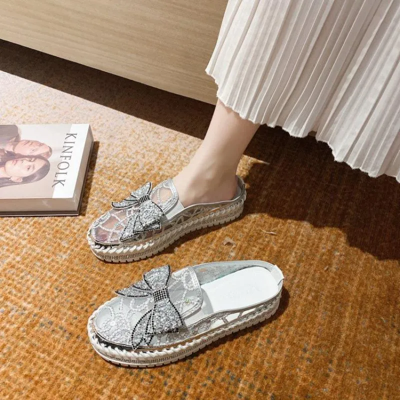 Belifi New Crystals Butterfly-knot Flat Platform Heels Half Slippers Women Bling Shoes Best Shoes For Standing Flat Feet