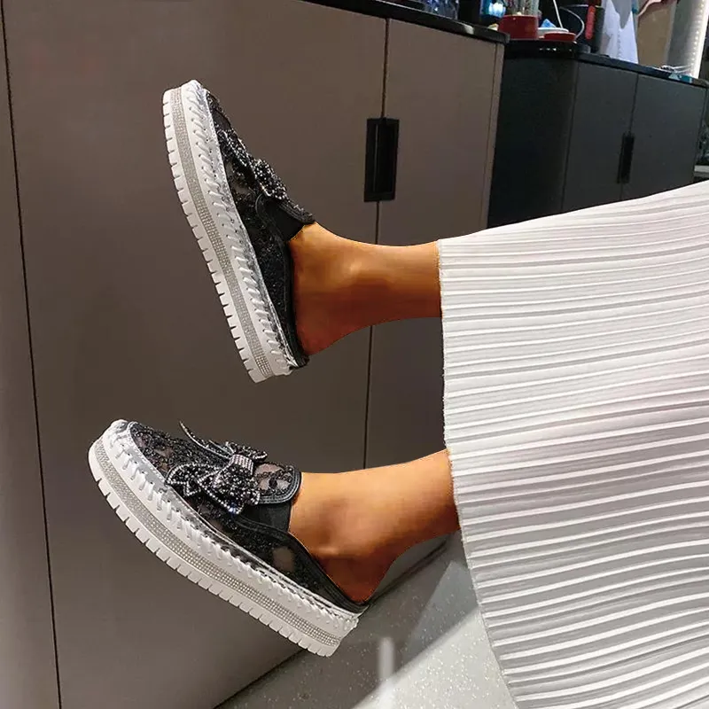 Belifi New Crystals Butterfly-knot Flat Platform Heels Half Slippers Women Bling Shoes Canvas Flat Shoes