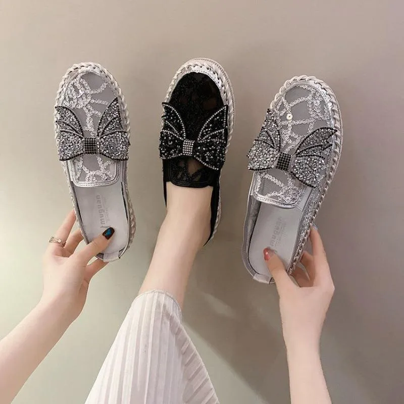 Top Running Shoe For Flat Feet Belifi New Crystals Butterfly-knot Flat Platform Heels Half Slippers Women Bling Shoes