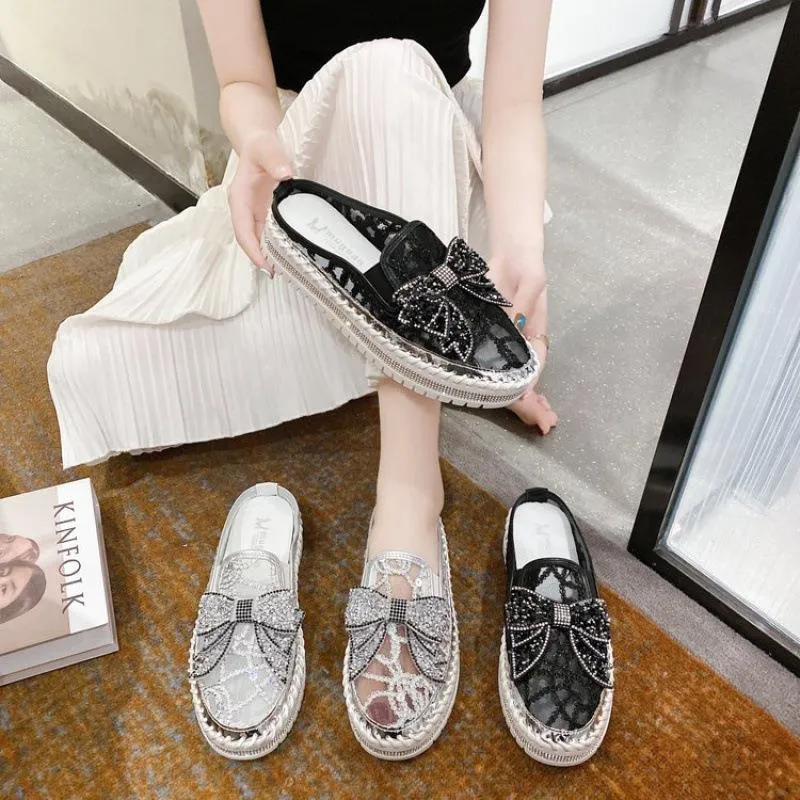 Working Out In Flat Shoes Belifi New Crystals Butterfly-knot Flat Platform Heels Half Slippers Women Bling Shoes