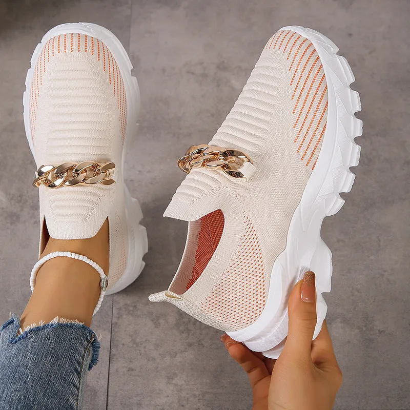 Valentino Flat Shoes Fashion Chain Design Mesh Shoes For Women Breathable Casual Soft Sole Walking Sock Slip On Flat Shoes