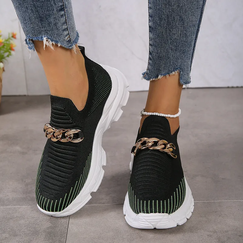 Flat Shoes Gym Fashion Chain Design Mesh Shoes For Women Breathable Casual Soft Sole Walking Sock Slip On Flat Shoes