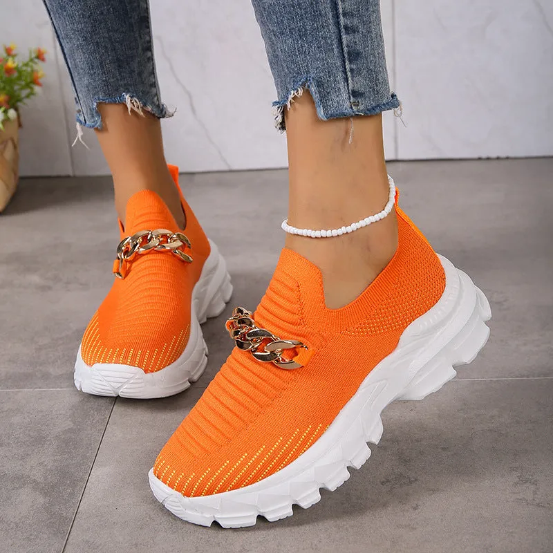 Flat Workout Shoes Fashion Chain Design Mesh Shoes For Women Breathable Casual Soft Sole Walking Sock Slip On Flat Shoes