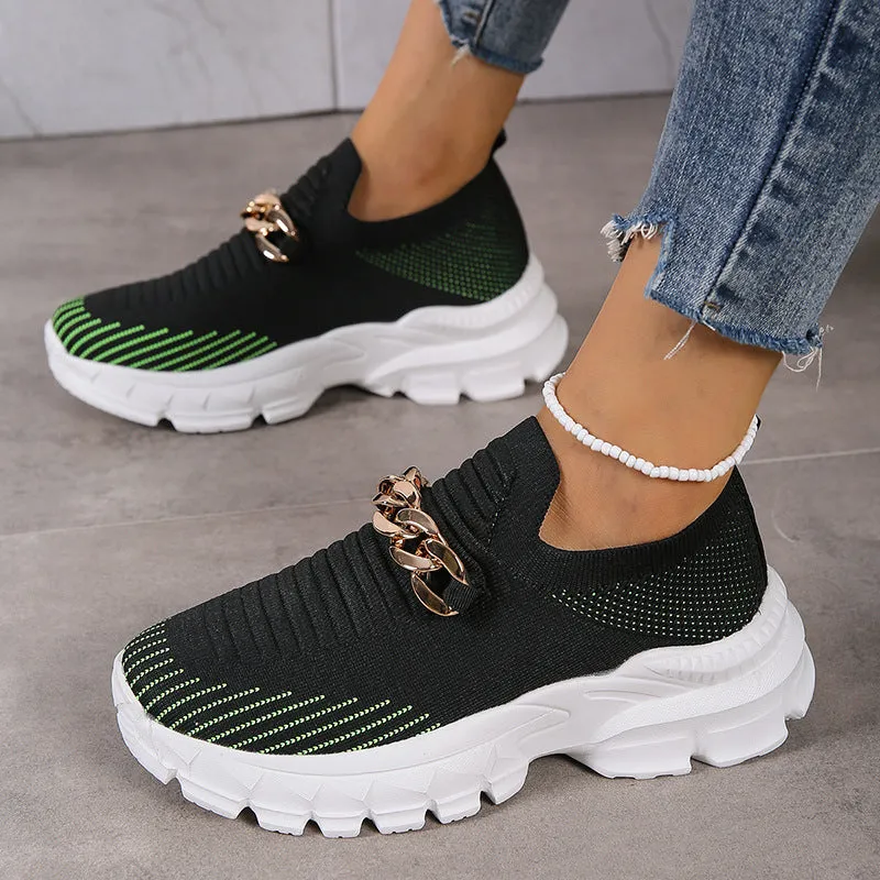 Flat Washable Shoes Fashion Chain Design Mesh Shoes For Women Breathable Casual Soft Sole Walking Sock Slip On Flat Shoes
