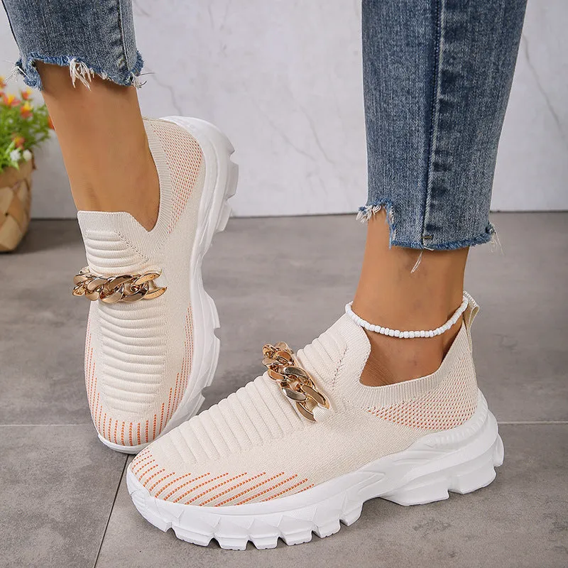 Flat And Wide Feet Shoes Fashion Chain Design Mesh Shoes For Women Breathable Casual Soft Sole Walking Sock Slip On Flat Shoes