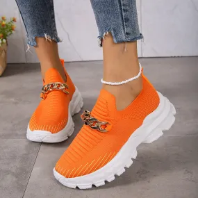 Fashion Chain Design Mesh Shoes For Women Breathable Casual Soft Sole Walking Sock Slip On Flat Shoes Unusual Flat Shoes