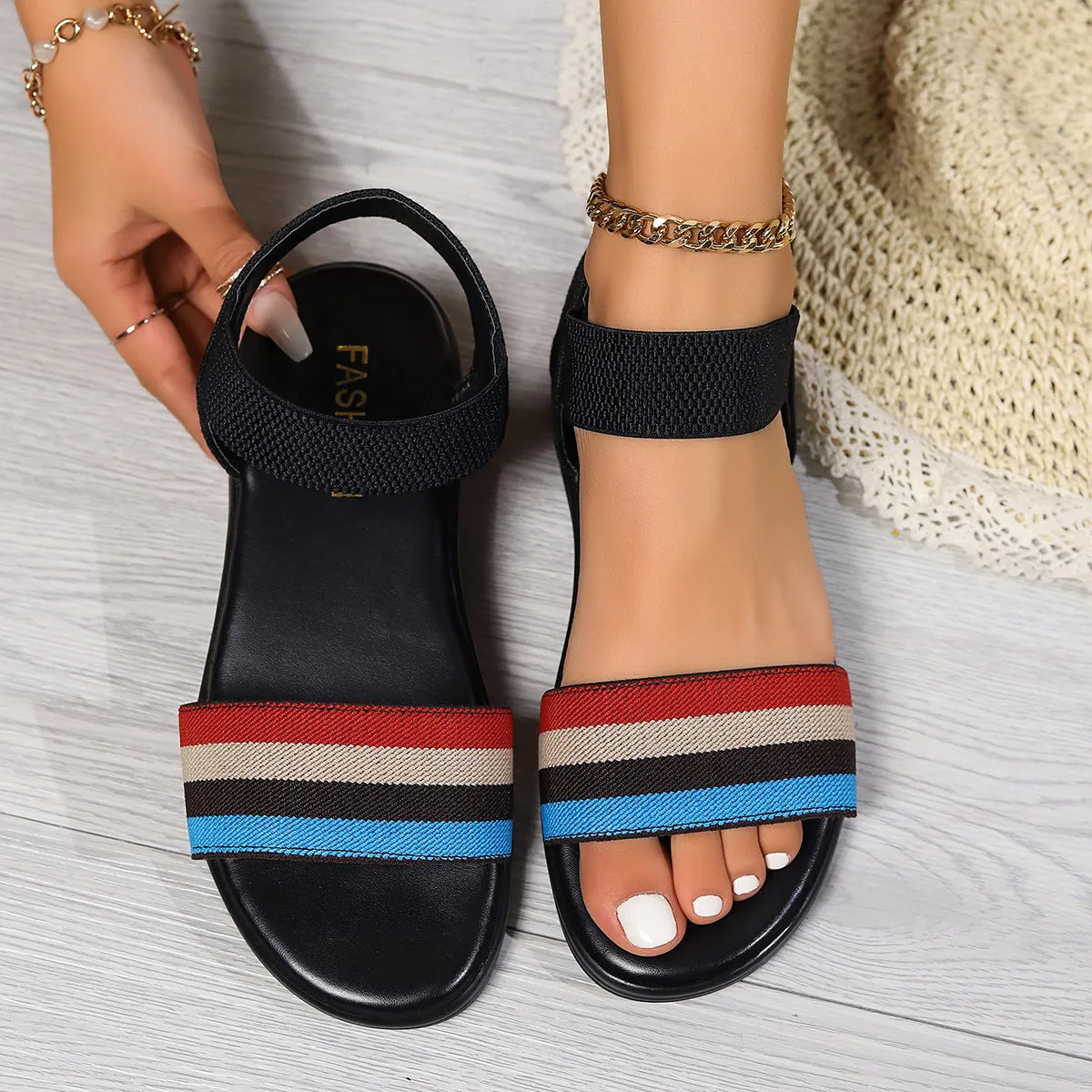 Non Slip Flat Shoes Fashion Color-block Elastic Sandals Summer Fashion Fish Mouth Flat Shoes For Women