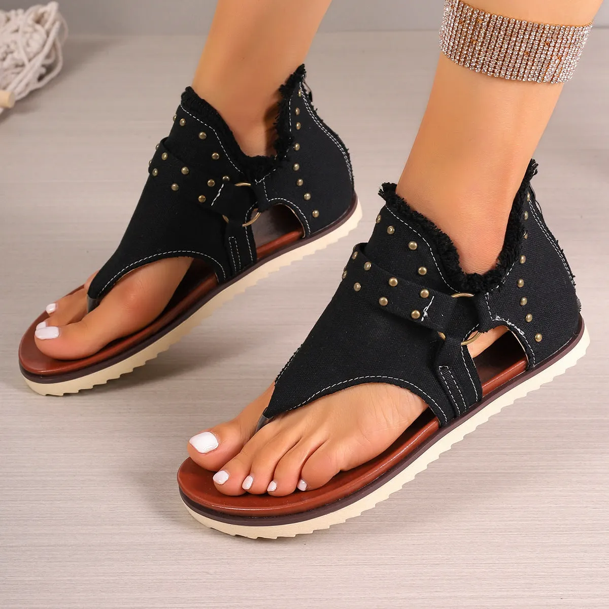 Flat Foot Support Running Shoes Denim Thong Sandals With Rear Zipper Summer Retro Beach Flat Shoes For Women