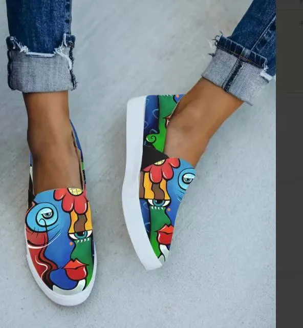 Flat Sport Shoes Women Casual Printing Canvas  Breathable Shoes With Rubber Soles