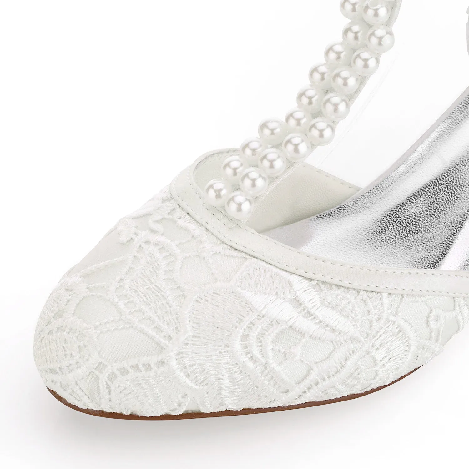 Semi Formal Dress Shoes 01129 Women's Bridal Shoes 1.6'' Closed Toe T-Strap Low Heel Lace Satin Pumps Imitation Wedding Shoes