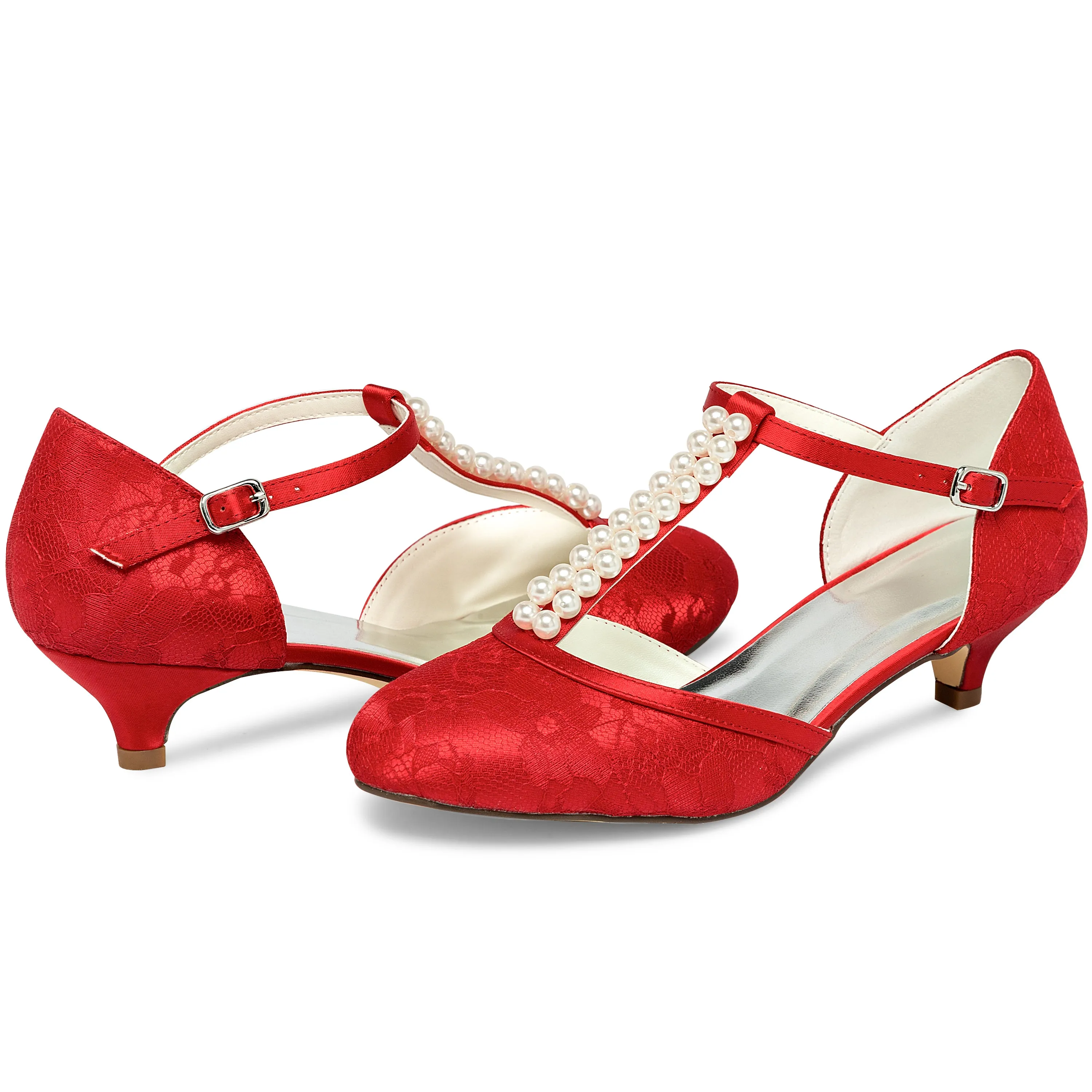 01129 Women's Bridal Shoes 1.6'' Closed Toe T-Strap Low Heel Lace Satin Pumps Imitation Wedding Shoes Diamond Dress Shoes