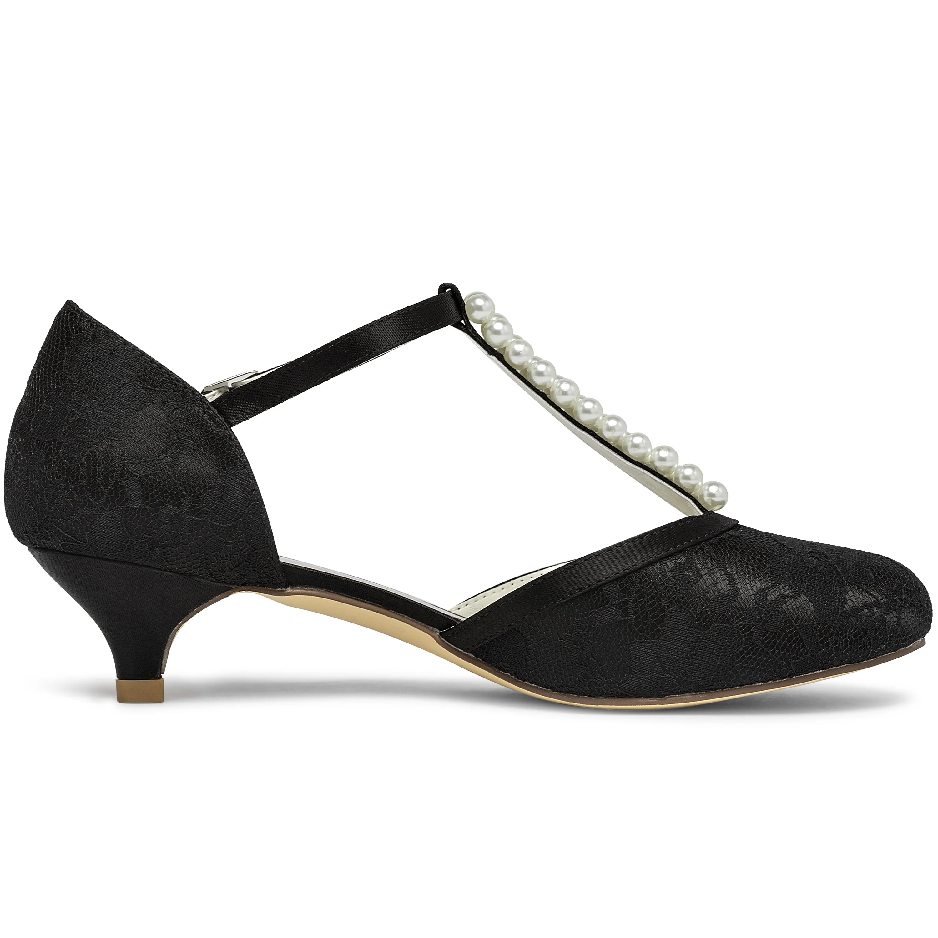 01129 Women's Bridal Shoes 1.6'' Closed Toe T-Strap Low Heel Lace Satin Pumps Imitation Wedding Shoes Dress Shoes Suit