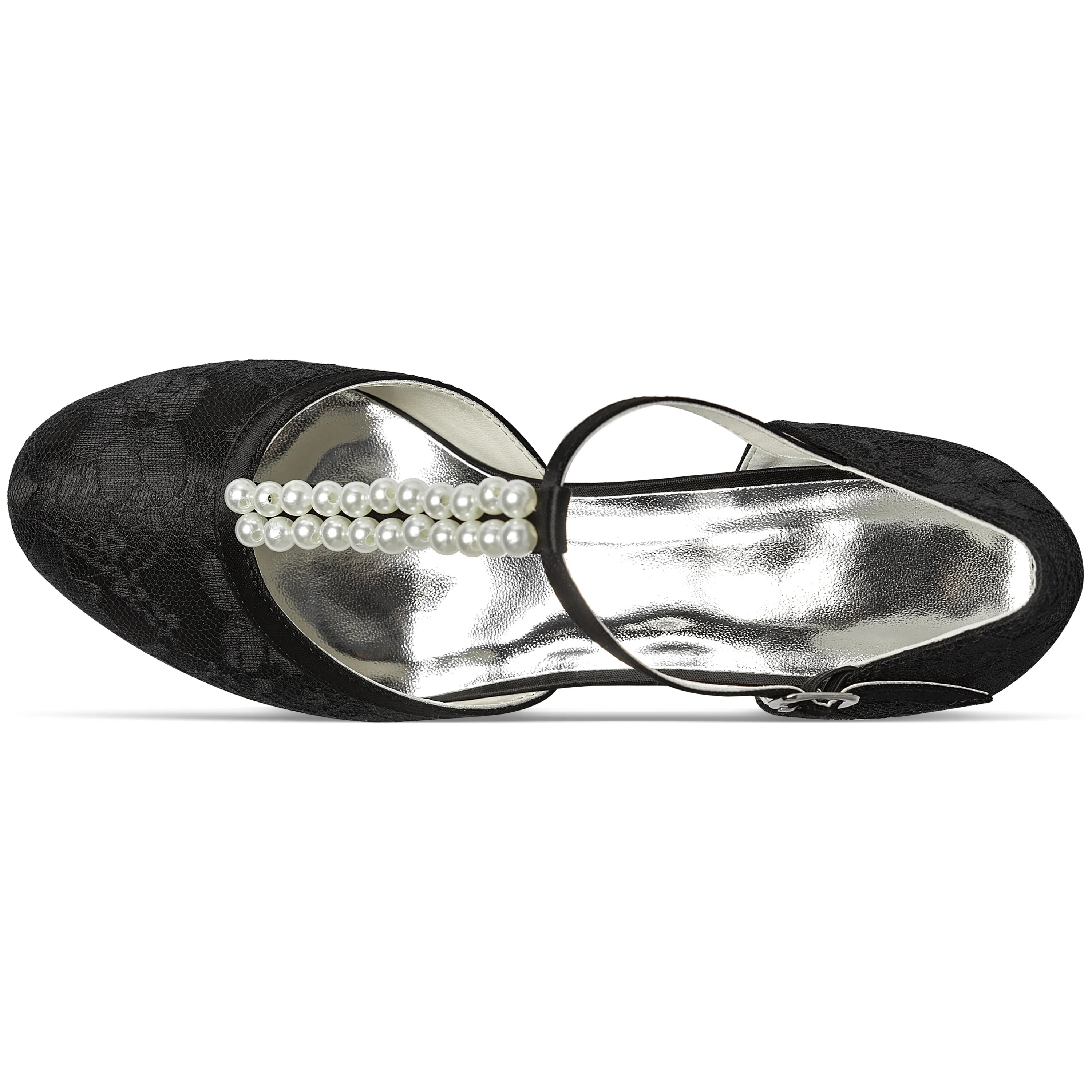 01129 Women's Bridal Shoes 1.6'' Closed Toe T-Strap Low Heel Lace Satin Pumps Imitation Wedding Shoes Silver Dress Shoe