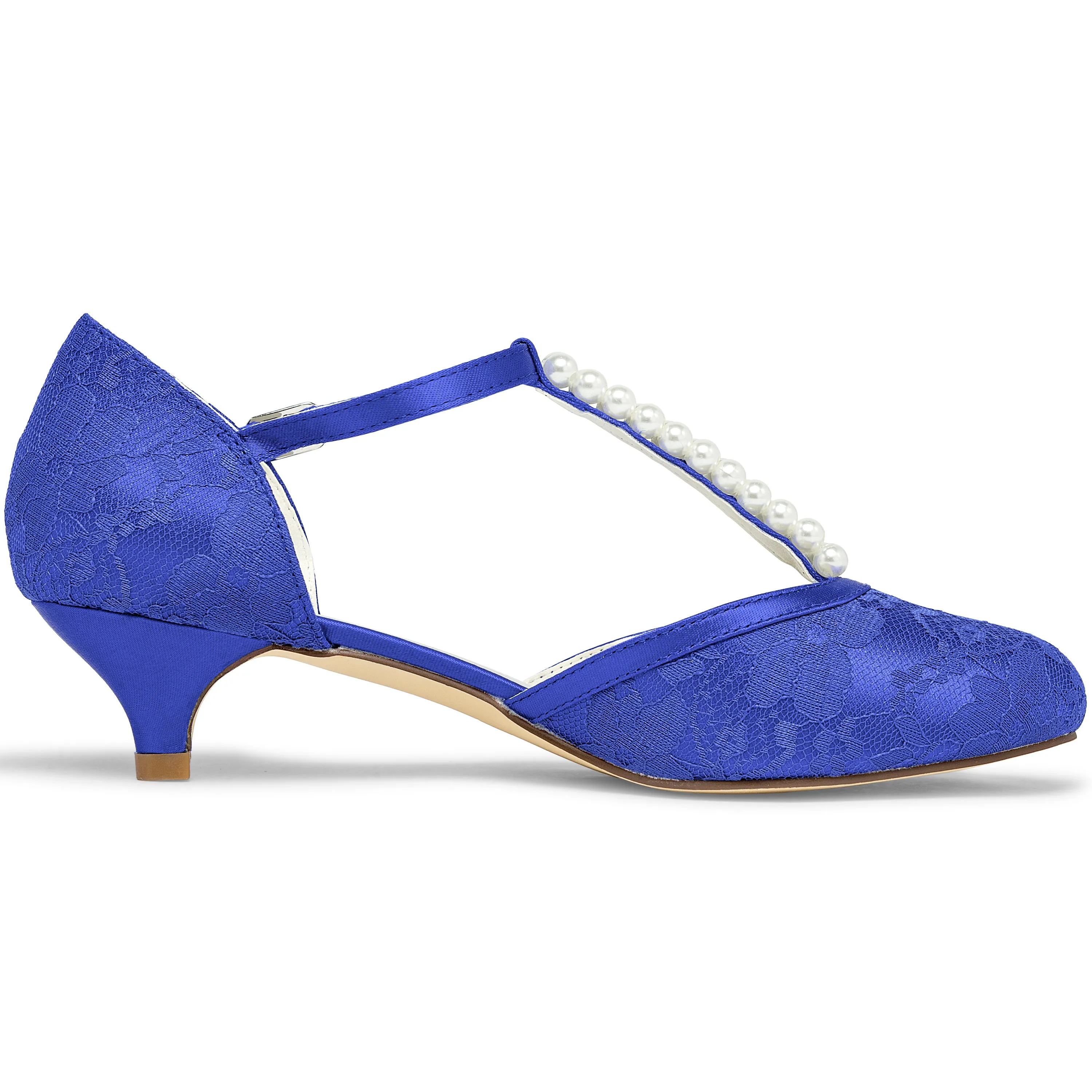 01129 Women's Bridal Shoes 1.6'' Closed Toe T-Strap Low Heel Lace Satin Pumps Imitation Wedding Shoes Mbt Dress Shoes