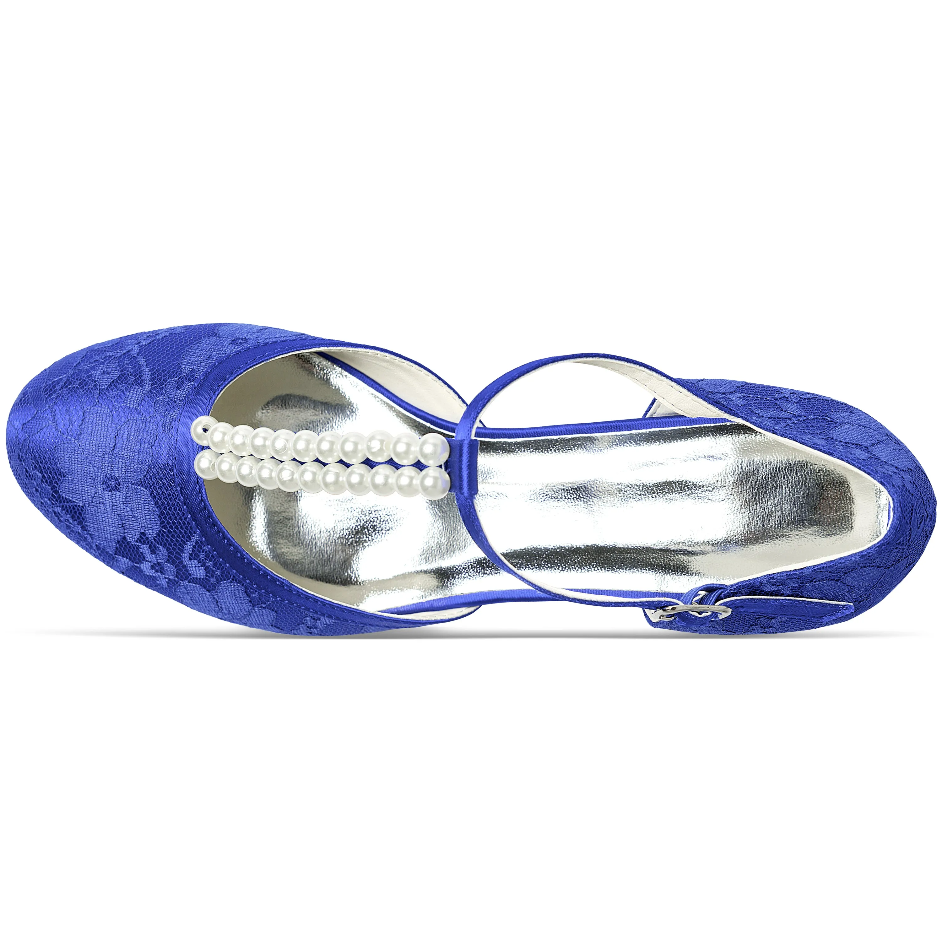 5.11 Dress Shoes 01129 Women's Bridal Shoes 1.6'' Closed Toe T-Strap Low Heel Lace Satin Pumps Imitation Wedding Shoes