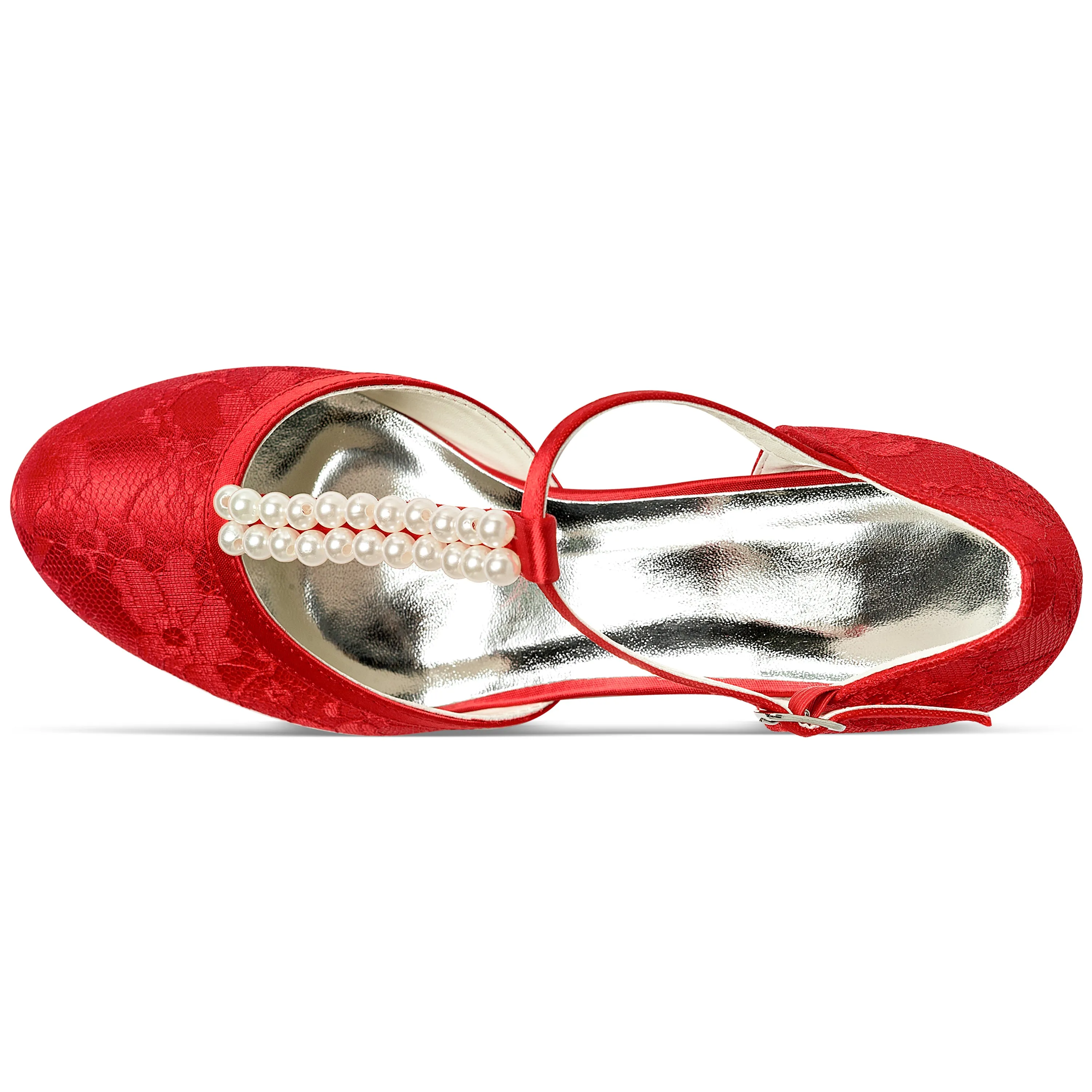 Slip On Dress Shoe 01129 Women's Bridal Shoes 1.6'' Closed Toe T-Strap Low Heel Lace Satin Pumps Imitation Wedding Shoes