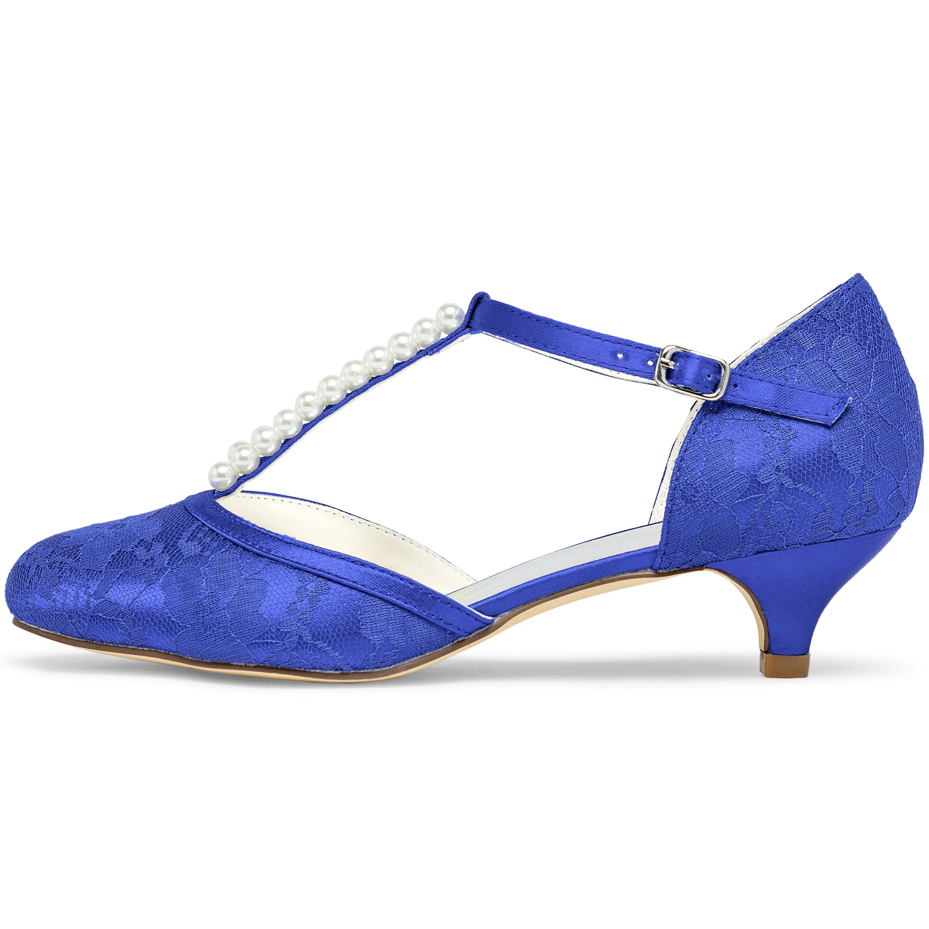 01129 Women's Bridal Shoes 1.6'' Closed Toe T-Strap Low Heel Lace Satin Pumps Imitation Wedding Shoes Dress Shoe Styles