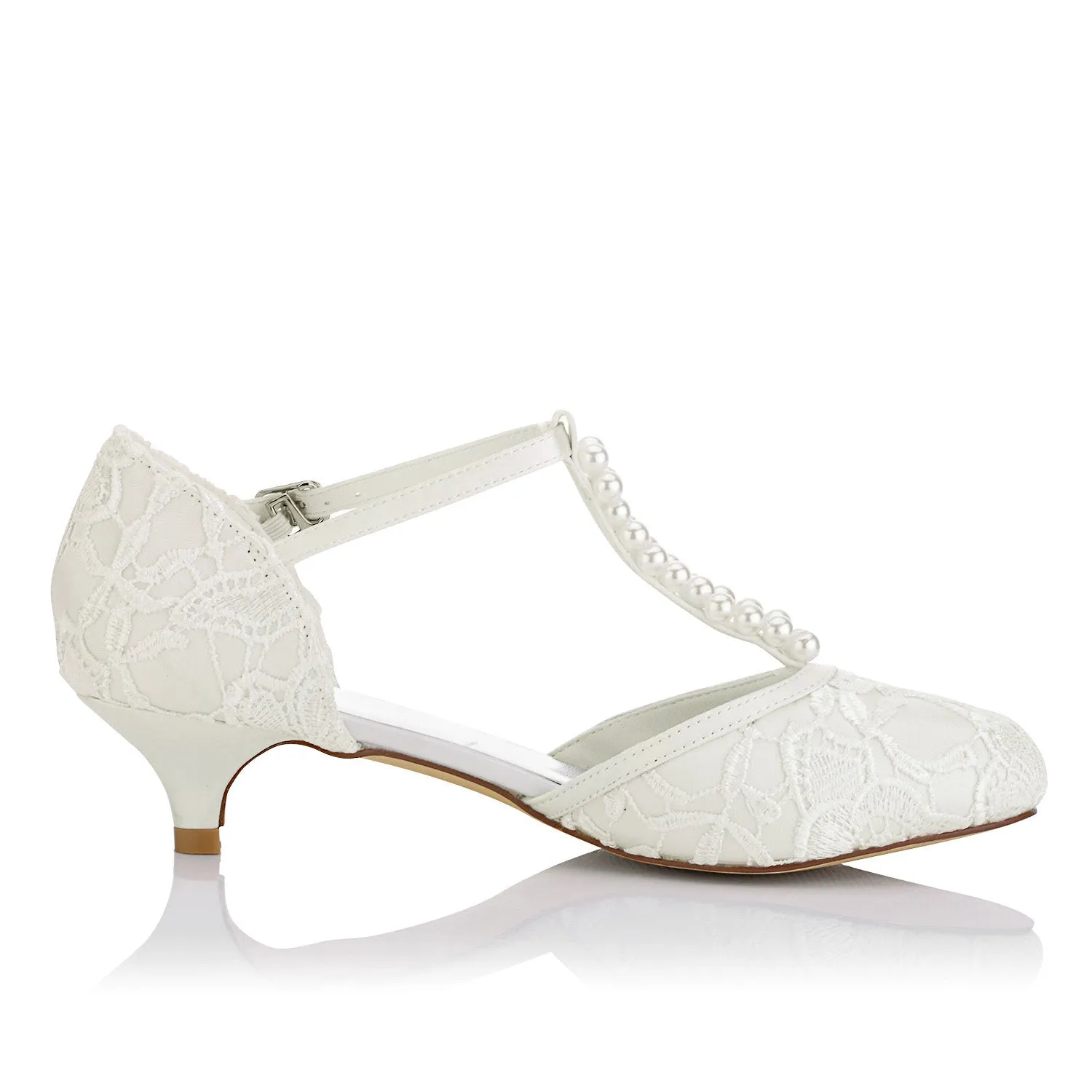 01129 Women's Bridal Shoes 1.6'' Closed Toe T-Strap Low Heel Lace Satin Pumps Imitation Wedding Shoes Dress Shoes Sale