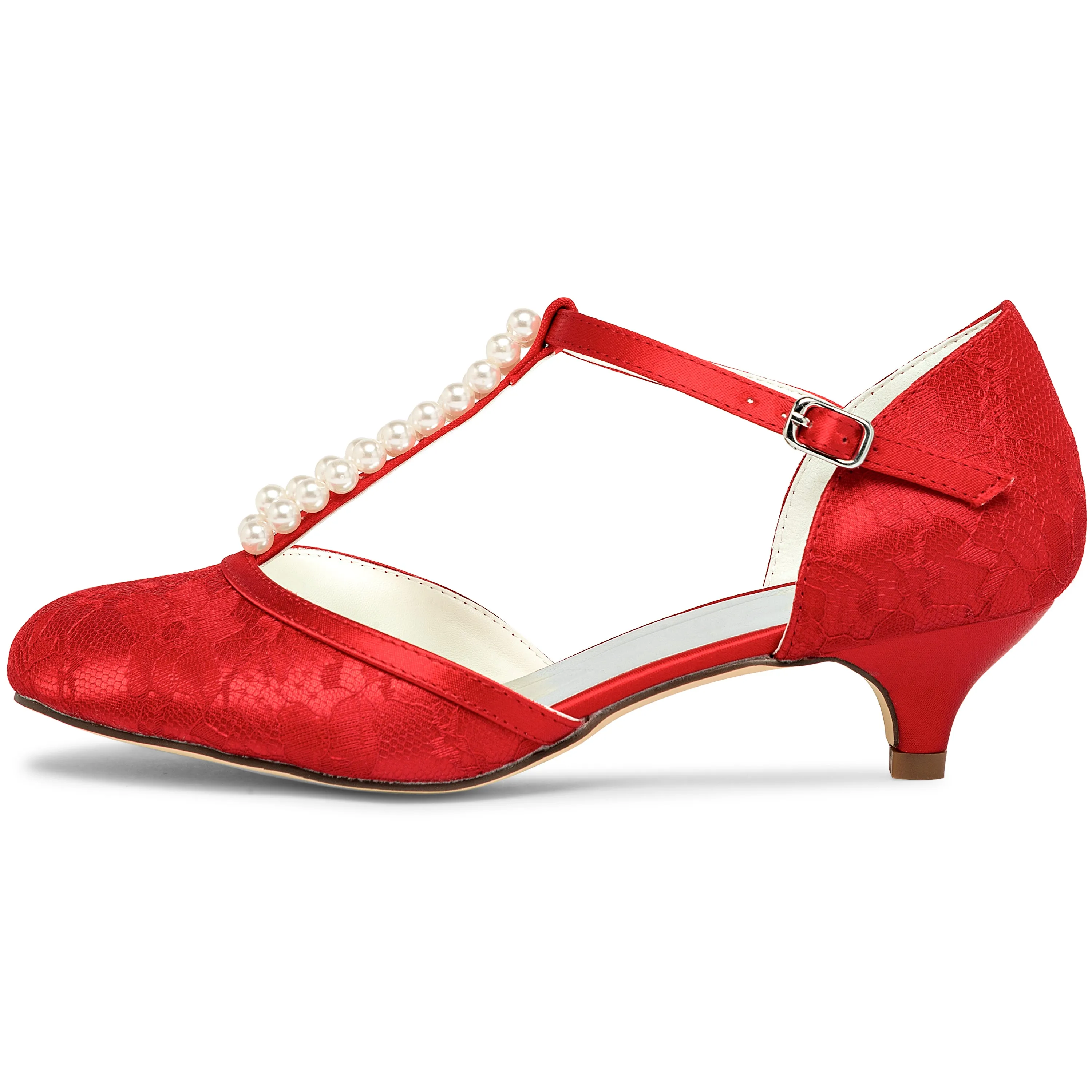 01129 Women's Bridal Shoes 1.6'' Closed Toe T-Strap Low Heel Lace Satin Pumps Imitation Wedding Shoes Bass Dress Shoes