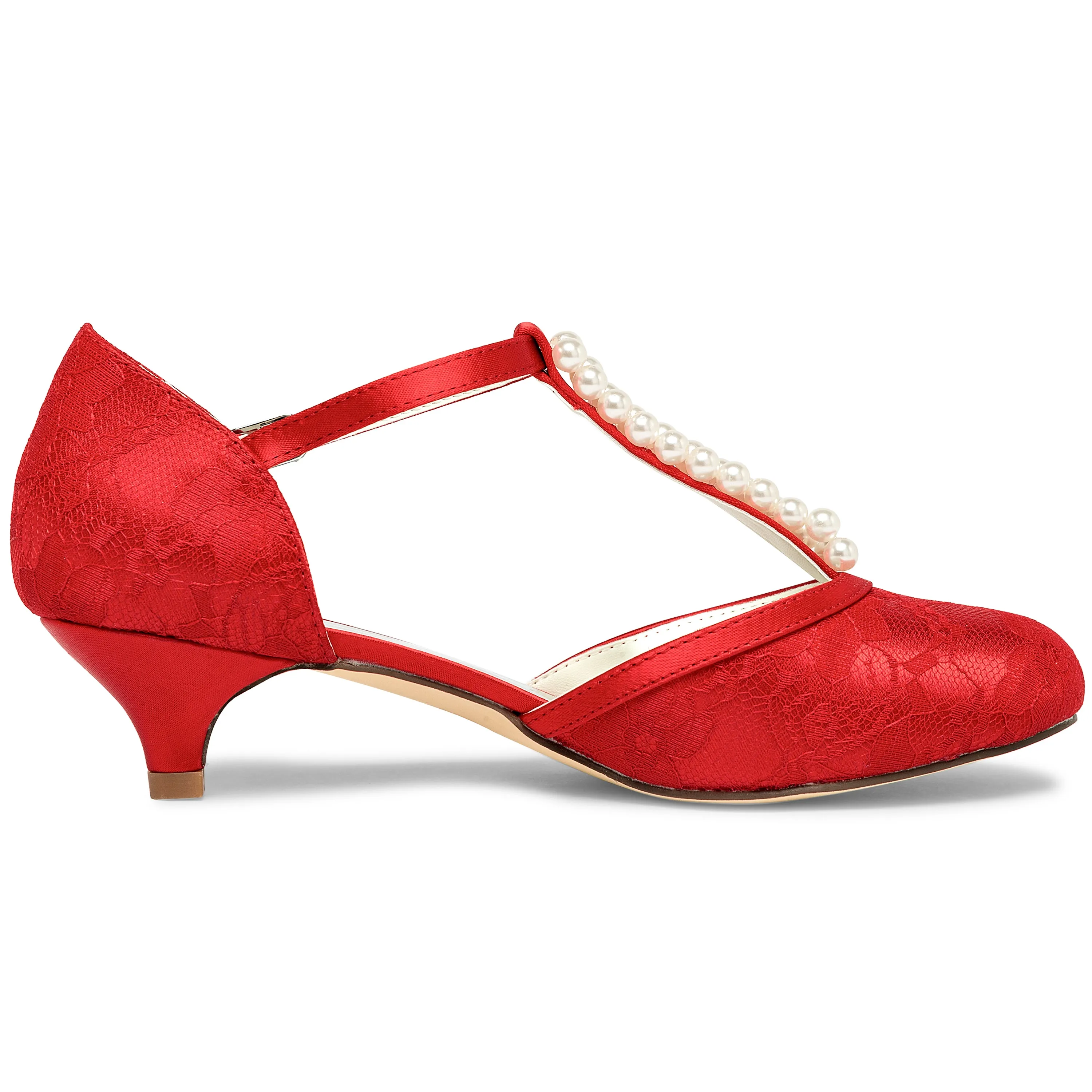 Spike Dress Shoes 01129 Women's Bridal Shoes 1.6'' Closed Toe T-Strap Low Heel Lace Satin Pumps Imitation Wedding Shoes