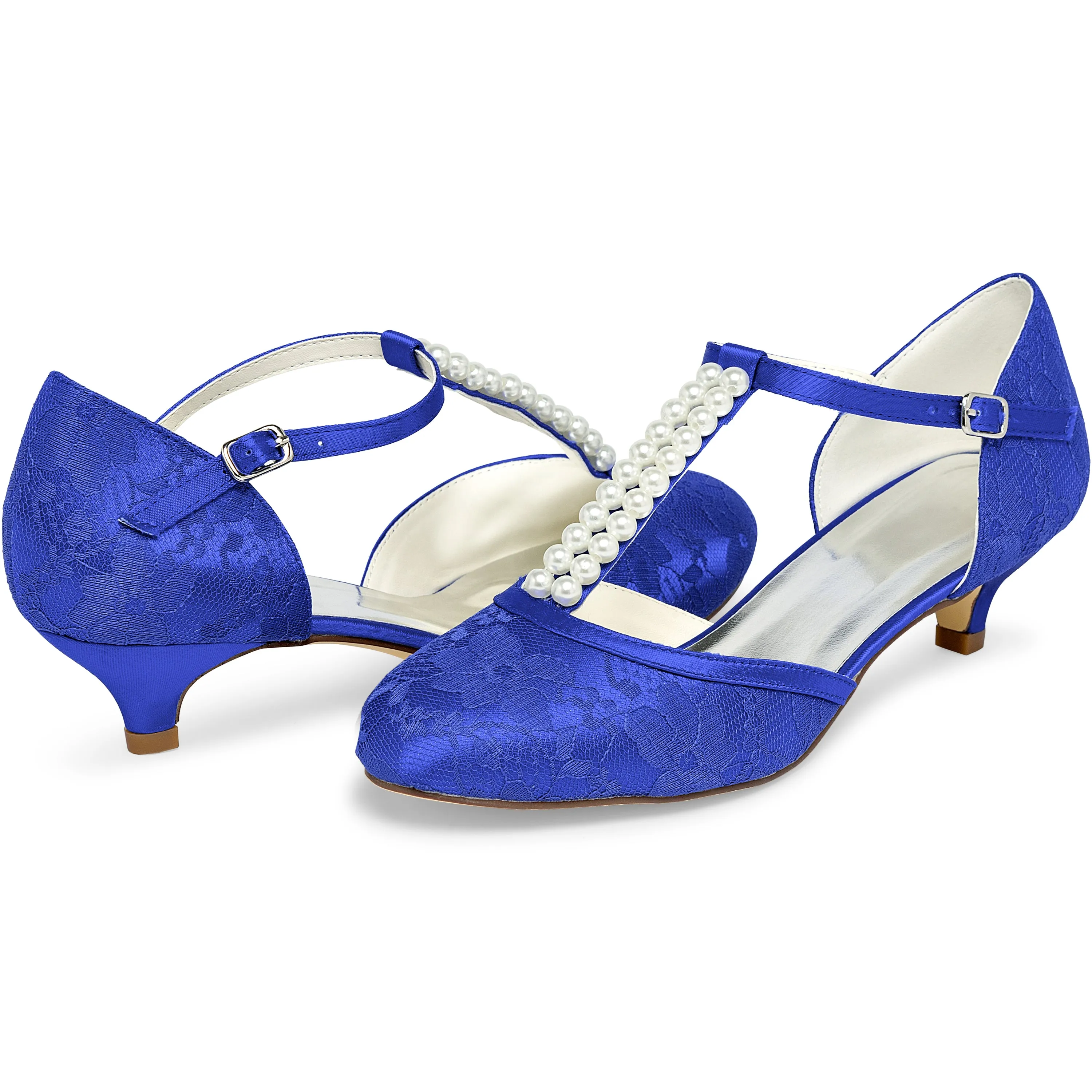 Ladies Narrow Dress Shoes 01129 Women's Bridal Shoes 1.6'' Closed Toe T-Strap Low Heel Lace Satin Pumps Imitation Wedding Shoes