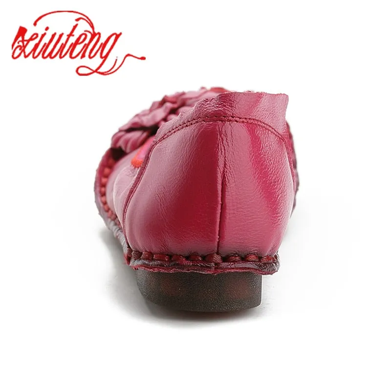 Flat Buckle Shoes Genuine Leather Women Casual Flower Flat Round Toe Style Boat Shoes Soft Comfortable